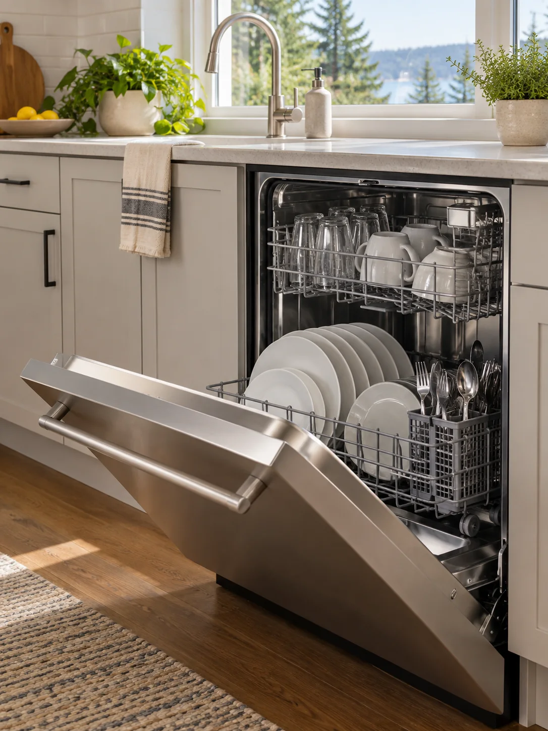 Intact built-in dishwasher with its racks visible — illustrative image