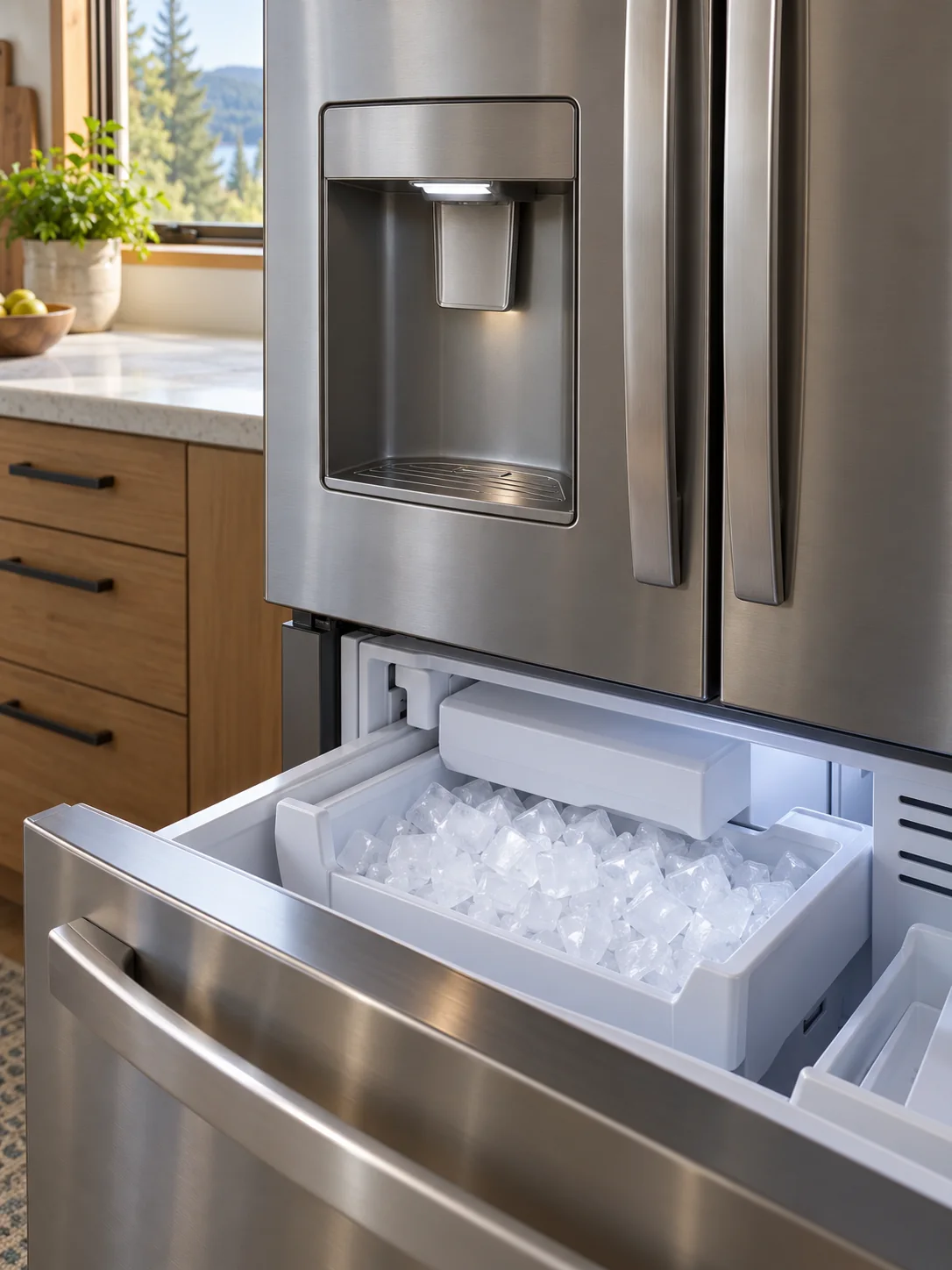 Refrigerator ice dispenser and ice bin — illustrative image